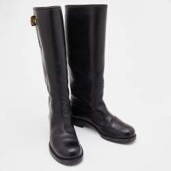 Pre Owned Louis Vuitton Black Leather Buckle Detail Calf Length Boots Size 38
