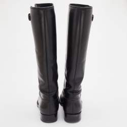 Pre Owned Louis Vuitton Black Leather Buckle Detail Calf Length Boots Size 38