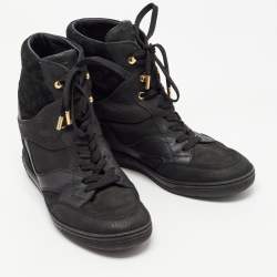 Pre Owned Louis Vuitton Black Monogram Suede and Leather Millennium Wedge Sneakers Size 39