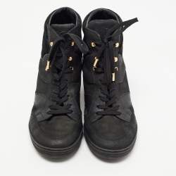 Pre Owned Louis Vuitton Black Monogram Suede and Leather Millennium Wedge Sneakers Size 39