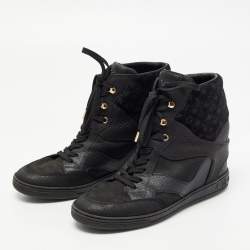 Pre Owned Louis Vuitton Black Monogram Suede and Leather Millennium Wedge Sneakers Size 39