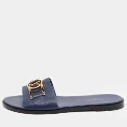 Louis Vuitton Navy Blue Leather Lock It Flat Slides Size 38