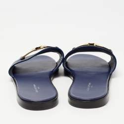 Louis Vuitton Navy Blue Leather Lock It Flat Slides Size 38