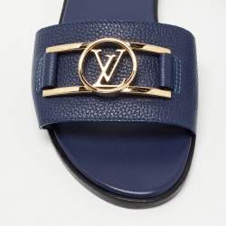 Louis Vuitton Navy Blue Leather Lock It Flat Slides Size 38