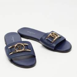 Louis Vuitton Navy Blue Leather Lock It Flat Slides Size 38