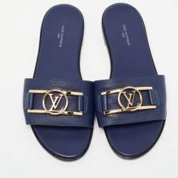 Louis Vuitton Navy Blue Leather Lock It Flat Slides Size 38