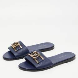 Louis Vuitton Navy Blue Leather Lock It Flat Slides Size 38