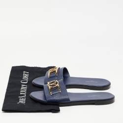 Louis Vuitton Navy Blue Leather Lock It Flat Slides Size 38