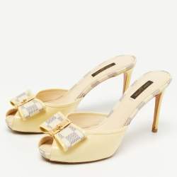 Pre Owned Louis Vuitton Yellow/Cream Patent Leather Mules Size 38.5