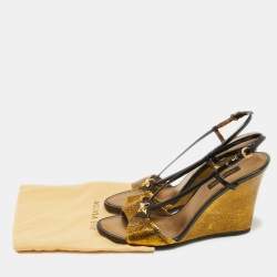 Pre Owned Louis Vuitton Gold Texture Leather and Patent Leather Wedge Sandals Size 37
