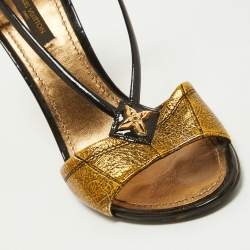 Pre Owned Louis Vuitton Gold Texture Leather and Patent Leather Wedge Sandals Size 37