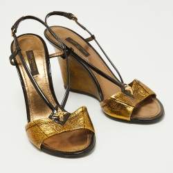 Pre Owned Louis Vuitton Gold Texture Leather and Patent Leather Wedge Sandals Size 37
