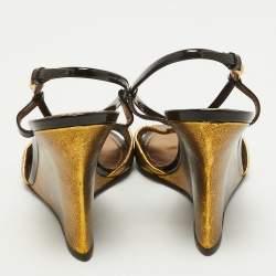 Pre Owned Louis Vuitton Gold Texture Leather and Patent Leather Wedge Sandals Size 37