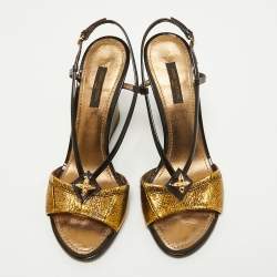 Pre Owned Louis Vuitton Gold Texture Leather and Patent Leather Wedge Sandals Size 37