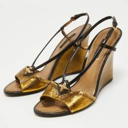 Pre Owned Louis Vuitton Gold Texture Leather and Patent Leather Wedge Sandals Size 37