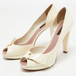 Pre Owned Louis Vuitton Off White Patent Leather Bow Peep Toe D'orsay Pumps Size 40