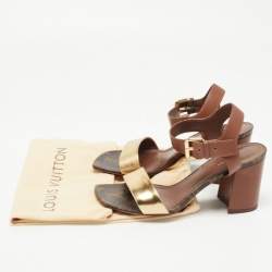 Pre Owned Louis Vuitton Gold/Brown Leather Bloom Ankle Strap Sandals Size 37