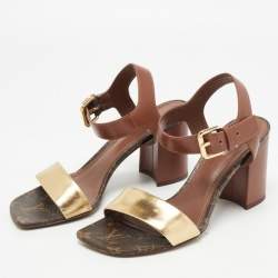 Pre Owned Louis Vuitton Gold/Brown Leather Bloom Ankle Strap Sandals Size 37