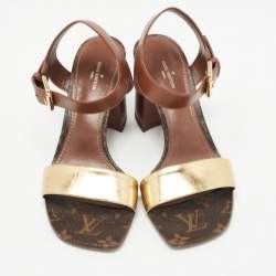 Pre Owned Louis Vuitton Gold/Brown Leather Bloom Ankle Strap Sandals Size 37