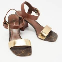 Pre Owned Louis Vuitton Gold/Brown Leather Bloom Ankle Strap Sandals Size 37