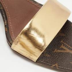 Pre Owned Louis Vuitton Gold/Brown Leather Bloom Ankle Strap Sandals Size 37