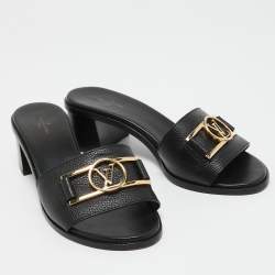 Louis Vuitton Black Leather Lock It Slide Sandals Size 38.5