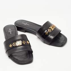 Louis Vuitton Black Leather Embellished Flat Slides  Size 36