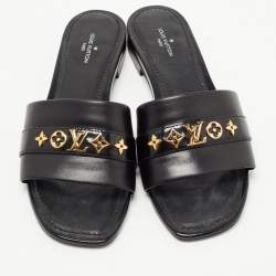 Louis Vuitton Black Leather Embellished Flat Slides  Size 36