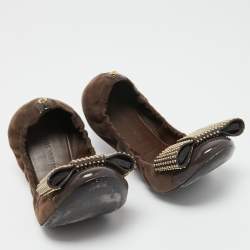 Pre Owned Louis Vuitton Brown Suede Studded Bow Ballet Flats Size 38