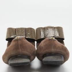 Pre Owned Louis Vuitton Brown Suede Studded Bow Ballet Flats Size 38