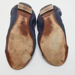 Pre Owned Louis Vuitton Navy Blue Python and Leather Elba Scrunch Ballet Flats Size 38.5