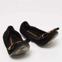 مملوكة مسبقًا Louis Vuitton Black Suede and Leopard Print Fabric Bow Scrunch Ballet Flats Size 38
