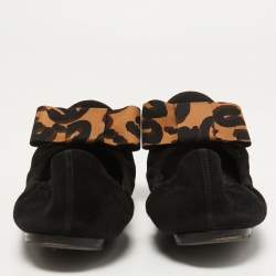 مملوكة مسبقًا Louis Vuitton Black Suede and Leopard Print Fabric Bow Scrunch Ballet Flats Size 38