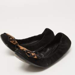 مملوكة مسبقًا Louis Vuitton Black Suede and Leopard Print Fabric Bow Scrunch Ballet Flats Size 38