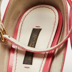 Louis Vuitton White/Pink Monogram Canvas and Patent Leather Ankle Strap Wedge Sandals Size 39