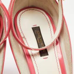 Louis Vuitton White/Pink Monogram Canvas and Patent Leather Ankle Strap Wedge Sandals Size 39