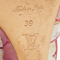 Louis Vuitton White/Pink Monogram Canvas and Patent Leather Ankle Strap Wedge Sandals Size 39