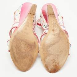 Louis Vuitton White/Pink Monogram Canvas and Patent Leather Ankle Strap Wedge Sandals Size 39