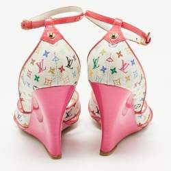 Louis Vuitton White/Pink Monogram Canvas and Patent Leather Ankle Strap Wedge Sandals Size 39