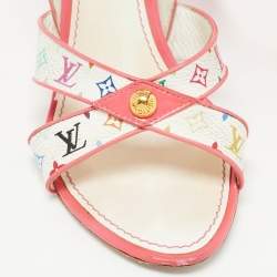 Louis Vuitton White/Pink Monogram Canvas and Patent Leather Ankle Strap Wedge Sandals Size 39