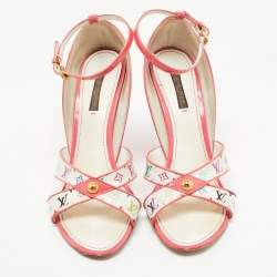 Louis Vuitton White/Pink Monogram Canvas and Patent Leather Ankle Strap Wedge Sandals Size 39