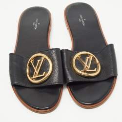 Louis Vuitton Black Leather Lock It Flat Slides Size 39.5