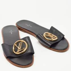 Louis Vuitton Black Leather Lock It Flat Slides Size 39.5
