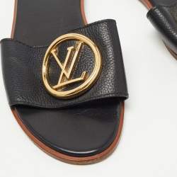 Louis Vuitton Black Leather Lock It Flat Slides Size 39.5