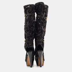 Louis Vuitton Black Sequins Platform Knee Length Boots Size 37.5