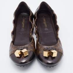 Pre Owned Louis Vuitton Brown Monogram Canvas and Leather Cap Toe Dice Ballet Flats Size 38