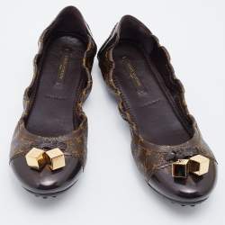 Pre Owned Louis Vuitton Brown Monogram Canvas and Leather Cap Toe Dice Ballet Flats Size 38