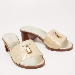 Pre Owned Louis Vuitton Gold Python Lock It Slide Sandals Size 38