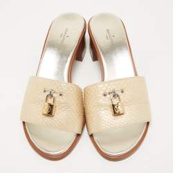 Pre Owned Louis Vuitton Gold Python Lock It Slide Sandals Size 38