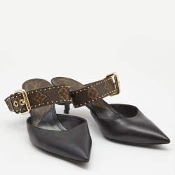 Louis Vuitton Black/Brown Leather and Studded Monogram Canvas Pointed Toe Mules Size 39